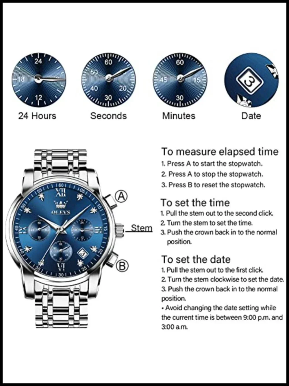 Men's Stainless Steel Chronograph Watch Big Face Analog Quartz Waterproof Dress